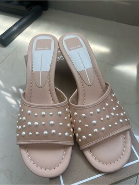 Dolce Vita Blush Pearl-Studded Slide Mules Sz 9
